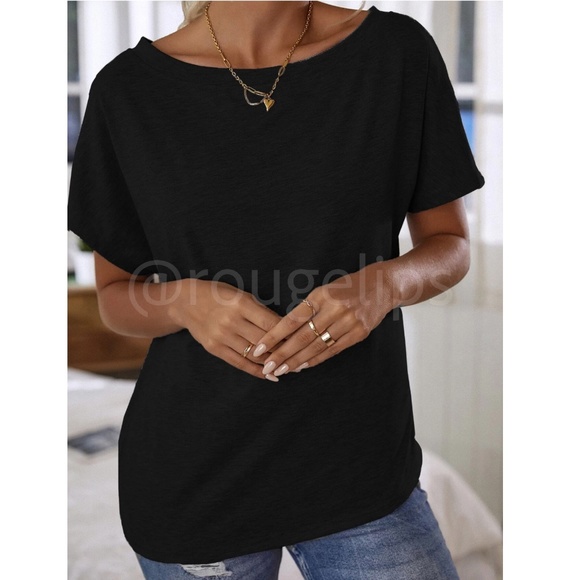 Boat Neck Batwing Sleeve Black Tee Shirt Short Sleeve - Picture 6 of 9